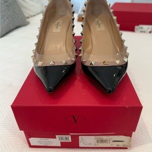 Valentino Black Patent Pointed-Toe Studded Pump with Nude Trim